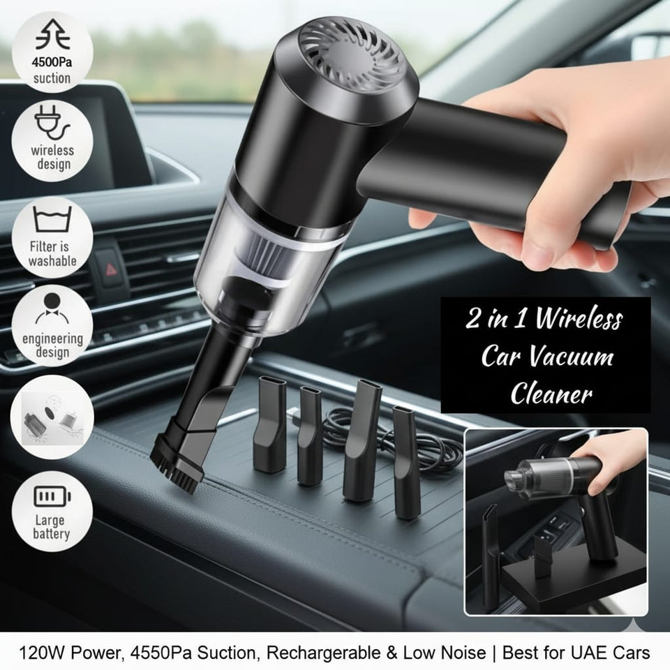 Portable Mini Car Vacuum Cleaner – 120W Power, 4500Pa Suction, Rechargeable & Low Noise | Best for UAE Cars